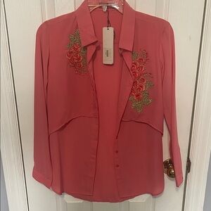 Chic Coral Floral Embroidered Blouse